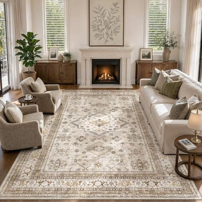 cotiled 7x9 Area Rug for Living Room, Washable, Traditional, Beige - color: Beige, size: 7' x 9' (Rectangular)