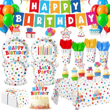 195 Pcs Birthday Party Supplies (Serves 24), Happy Birthday Party Dots Design Decorations Include Banner Hanging Plates Napkins Cups Forks Knifes Tablecloth Topper Balloons for Decorations
