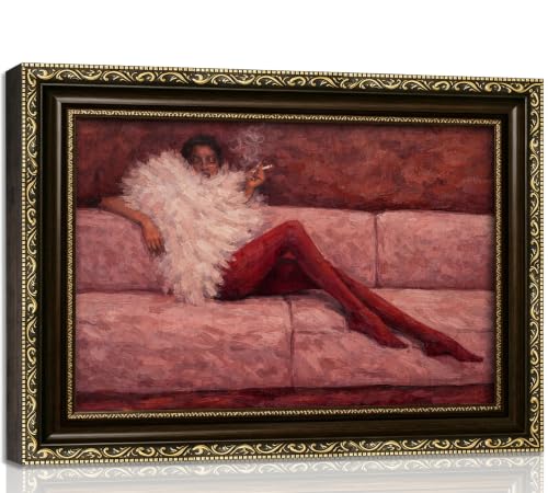 Framed Vintage Black Woman Canvas Wall Art Elegant African American Lady with Feather & Red Stockings Painting Wall Decor - color: Red and black, size: 16"L x 12"W