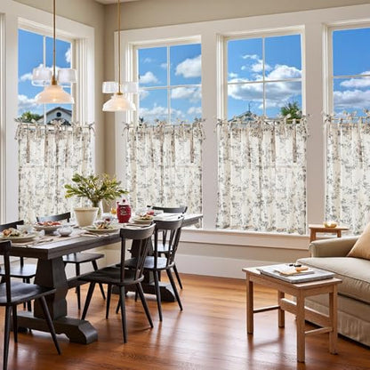 jinchan Black Floral Kitchen Tier Curtains Alisa 36 Inches Tie Top 2 Panles - color: Alisa Black on Linen, size: 26"W x 36"L (Pack of 2)