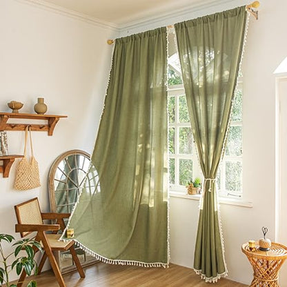 Sutuo Home Boho Curtains for Bedroom 84 Inches Long, Bohemian Linen Textured Curtains with Tassels, Semi Blackout Farmhouse Drapes, Rod Pocket Window Treatments 2 Panels, 52" x 84", Olive Green - color: Olive Green Linen, size: 52"W x 84"L (Pack of 2)