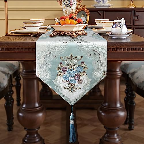 Elegant Table Runner 60" Thick Chenille Delicate Gorgeous Flower Pattern - color: Blue, size: 13x60"