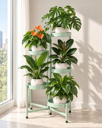 Bamworld Plant Stand Indoor Outdoor 5 Tier Corner Plant Shelf Metal Holder - color: Mint Green, size: 5 Tiers