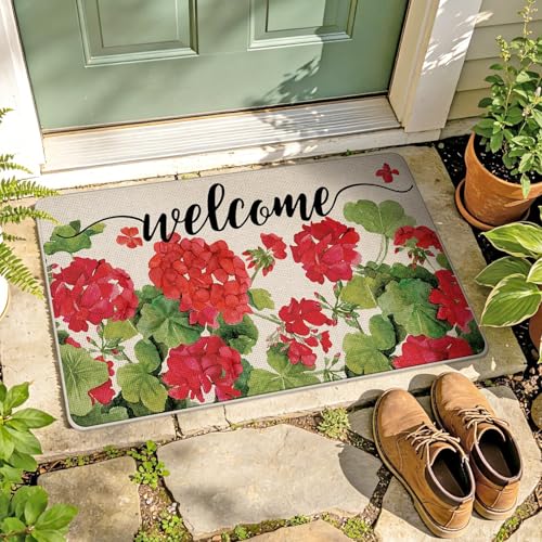Welcome Spring Geranium Decorative Front Door Mat - color: Red, size: 1'5" X 2'5" (Rectangular)
