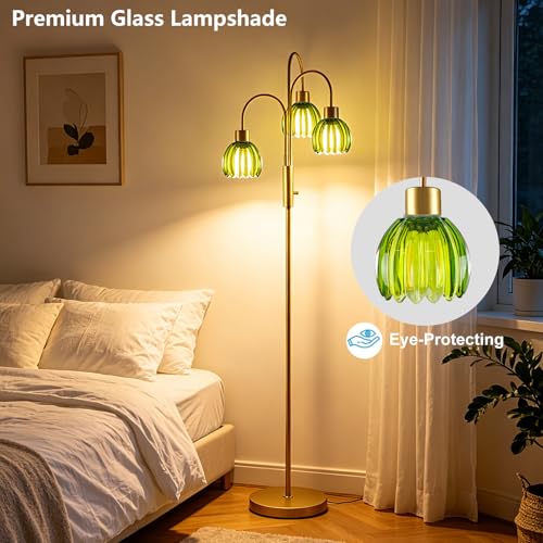 Green Lotus Glass Floor Lamp 3-Light 70" Gold Dimmable Tall Standing Lamp - color: Green Lotus-Gold