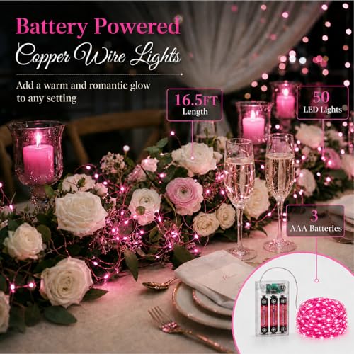16FT 50LED Fairy Lights Battery Operated (Included), 2 Packs - color: Pink, size: 2 Pack - Batteries Included
