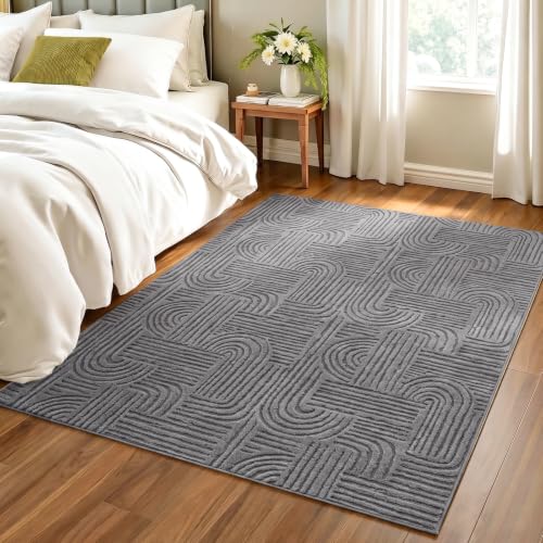 Etwel 4x6 Dark Gray Geometric Textured High-Low Pile Washable Area Rug - color: Dark Gray, size: 4' x 6'
