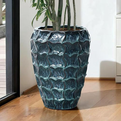 LuxenHome 17.7" Blue Ceramic Plant Pot, Tall Planter with Geometric Texture