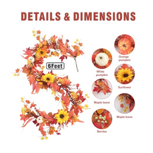6 FT Lighted Fall Garland for Mantel, Fall Leaves Garland for Halloween