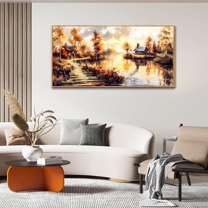 Large Framed Landscape Wall Art, Riverside Meadow Scenery Painting Print - color: Countryside Painting Wood Framed, size: 48"L x 24"W