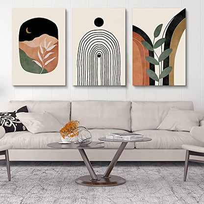 Boho Wall Art Set of 3 - Mid Century Modern Canvas Prints: Sun Moon Leaf Mountain, Neutral Abstract Geometric for Bedroom, Bathroom, Living Room, Office - color: Boho Prints-2, size: 24x36inchx3pcs