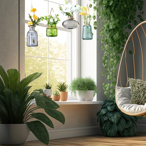 Wonderjune 4 Pcs Stained Glass Hanging Vases Hanging Glass Planters Small Plant Terrarium Pot Containers with Rope for Garden Home Indoor Outdoor Decor, 4 Styles (Artsy) - style: Artsy