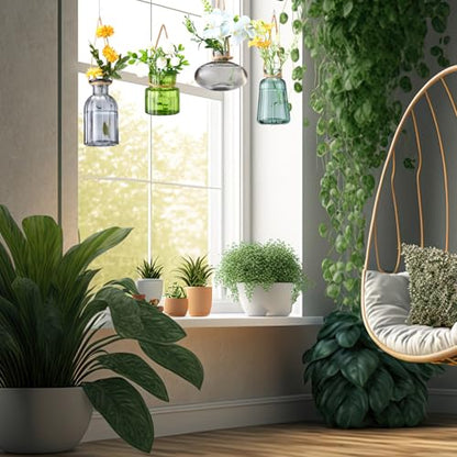 Wonderjune 4 Pcs Stained Glass Hanging Vases Hanging Glass Planters Small Plant Terrarium Pot Containers with Rope for Garden Home Indoor Outdoor Decor, 4 Styles (Artsy) - style: Artsy