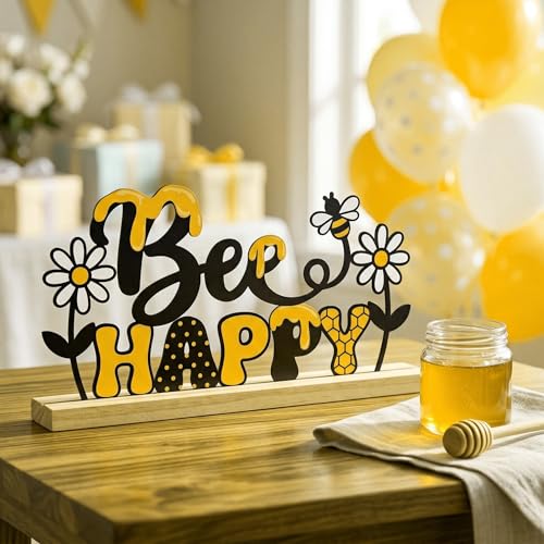 Bee Happy Table Decor Centerpiece, Bumble Bee Metal Table Sign - style: Bee Happy