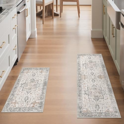 GENIMO Washable Kitchen Rugs Sets of 2, Non Slip Kitchen Mats for Floor - color: Light Taupe Brown, size: 1'5" x 2'6"+1'5" x 3'11" (Runner)