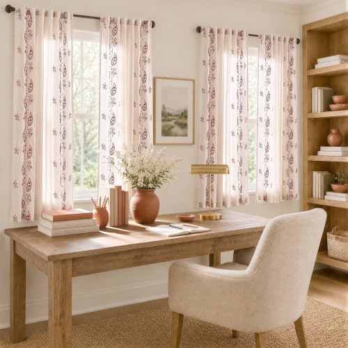 jinchan Linen Curtains 63 Inch Terracotta Floral Drapes Back Tab 2 Panels - color: Terracotta on Beige, size: 50"W x 63"L (Pack of 2)