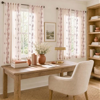 jinchan Linen Curtains 63 Inch Terracotta Floral Drapes Back Tab 2 Panels - color: Terracotta on Beige, size: 50"W x 63"L (Pack of 2)