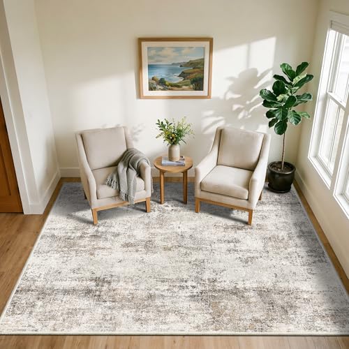 5x6 Machine Washable Area Rug：Non Slip Stain Resistant Low Pile Carpet - Soft Warm Comfortable Accent Rugs for Living Room Bedroom Entryway Dining Room Farmhouse Decor Beige Brown - color: Beige/Brown, size: 5' x 6' (Rectangular)