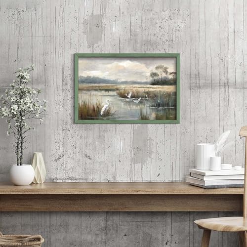 HILL WEST Rustic Landscape Lake Bird Framed Wooden Wall Art, 24x16inch - color: Bird, size: 24"L x 16"W