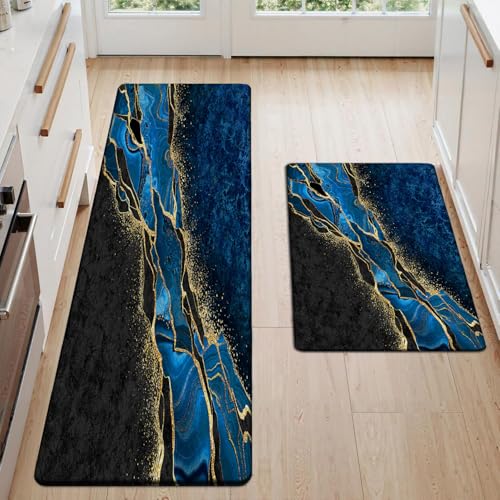 Kitchen Mats Set of 2, Cushioned Anti Fatigue Non Slip Waterproof Runner, Blue and Gold Marble Design, PVC Memory Foam for Kitchen Sink and Laundry - color: Blue Marble 2