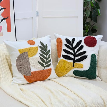 Woven Tufted Boho Throw Pillow Covers 18x18 Inch, - color: Botanical Geometry Tufted