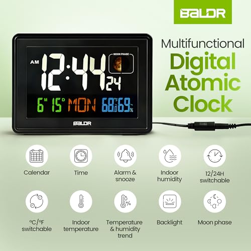 Baldr Digital Alarm Atomic Clock, 7'' Display with Adjustable Brightness - color: Black