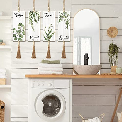 Qunclay 4 Pcs Boho Bathroom Wall Decor Relax Soak Unwind,Green,Plant - color: Green