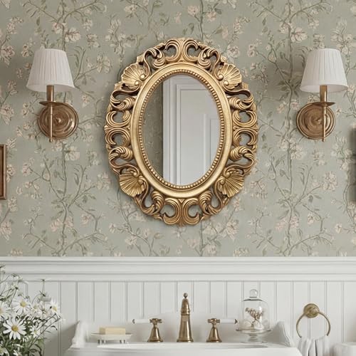 Vintage Oval Wall Mirror, Baroque Carved Frame, 21 x 17 Inch - color: Oval