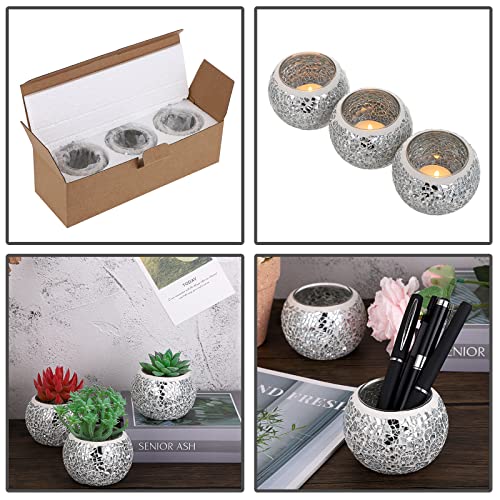 OwnMy 3PCS Mosaic Glass Tea Light Holders Round Bowl Votive Candle Holders - color: Silver