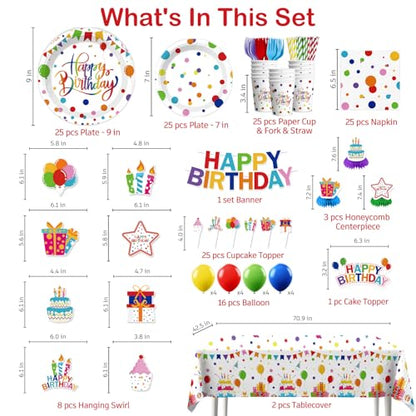 Xynic 214 Pcs Colorful Birthday Decorations Girl Tableware Set, Serves 25
