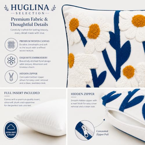 Selection Ivory White Woven Embroidered Throw Pillow, 18x18 Inch Decorative Pillow with Insert Included, Modern Blue Floral Embroidery, Hidden Zipper, Farmhouse Boho Couch Sofa Bed Pillow