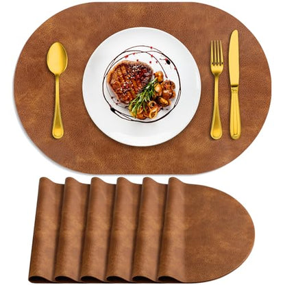 ADRIMER Oval Placemats Set of 6, Wipeable Faux Leather, Turmeric Brown - color: Turmeric Brown