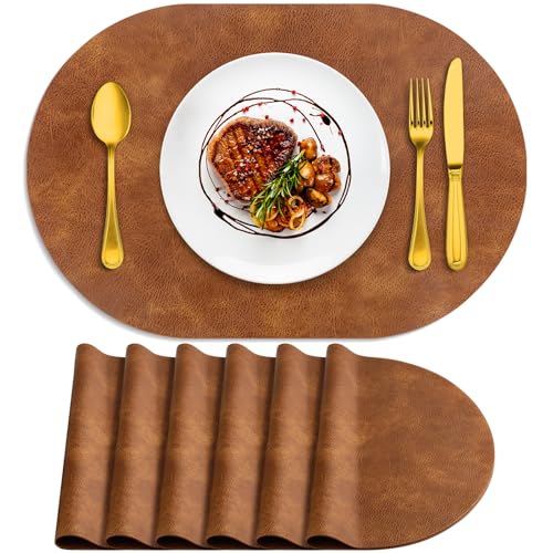 ADRIMER Oval Placemats Set of 6, Wipeable Faux Leather, Turmeric Brown - color: Turmeric Brown