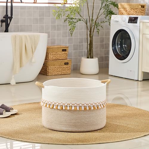 KAKAMAY Large Blanket Basket with Handles, Storage Basket for Living Room - color: Brown and Taupe