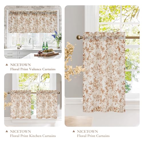 NICETOWN Faux Linen Valance for Windows Kitchen Living Room, Autumn Yellow Brown Peony Printed Rod Pocket Farmhouse Country Rustic Bathroom Small Window Treatment (52x18 inch, 1 Panel) - color: Yellow Brown, size: 52"W x 18"L (Pack of 1)