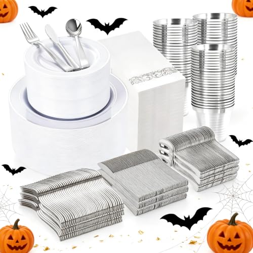 WELLIFE 700 Pieces Silver Plastic Dinnerware Set for 100 Guests - Includes Plates, Cups, Napkins, and Disposable Cutlery - Elegant White & Silver Design, Perfect for Parties and Events - color: Silver, style: 700PCS（100Guests）