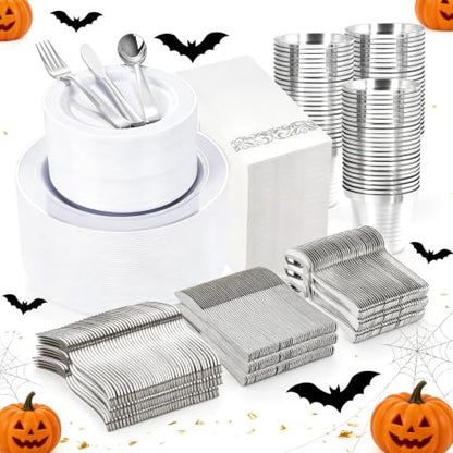 WELLIFE 700 Pieces Silver Plastic Dinnerware Set for 100 Guests - Includes Plates, Cups, Napkins, and Disposable Cutlery - Elegant White & Silver Design, Perfect for Parties and Events - color: Silver, style: 700PCS（100Guests）