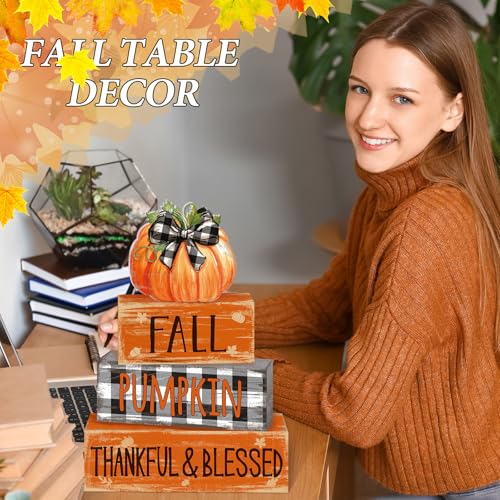 4 Pcs Fall Decor for Home Buffalo Plaid Pumpkin Wooden Signs with Blessed - style: Grid Pumpkin