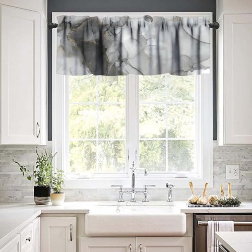 Luxury Marble Valance, Luxury Abstract Fluid Art Painting Black Gray Gold Stone Texture Blackout Short Window Curtain Treatment for Kitchen Cafe Bedroom Living Room, 54x18inch - color: Marble-16