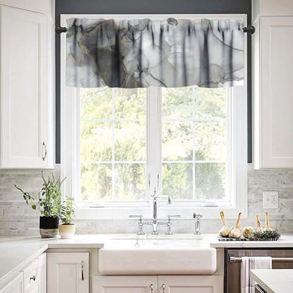 Luxury Marble Valance, Luxury Abstract Fluid Art Painting Black Gray Gold Stone Texture Blackout Short Window Curtain Treatment for Kitchen Cafe Bedroom Living Room, 54x18inch - color: Marble-16