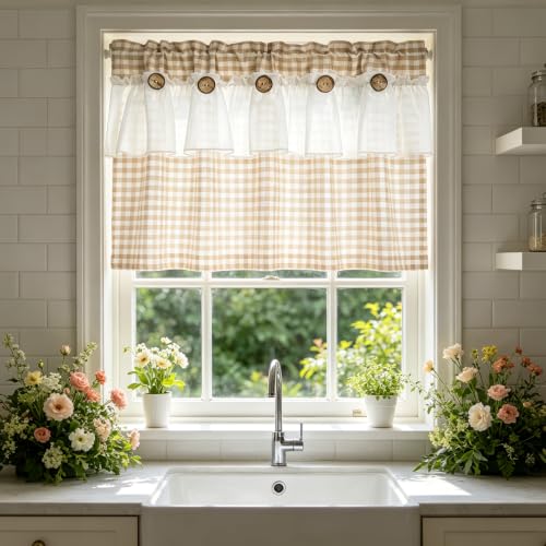 Beige Gingham Checkered Kitchen Short Curtain with Ruffle & Wooden Buttons - size: 39"W x 20"L (Pack of 1)