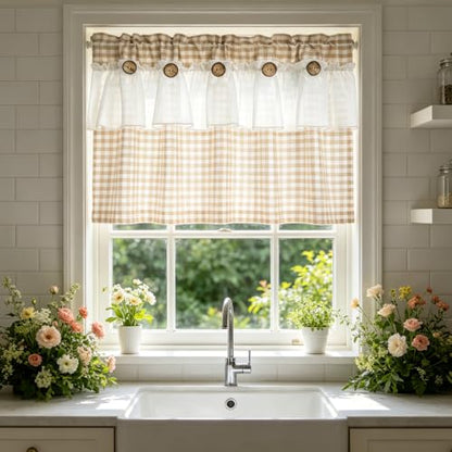 Beige Gingham Checkered Kitchen Short Curtain with Ruffle & Wooden Buttons - size: 39"W x 20"L (Pack of 1)