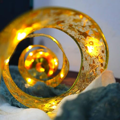 Christmas Ribbon Fairy Lights 33Ft 100 LED String Lights Battery Operated 2In Gold Foil Ribbon with Warm White Twinkle Firefly Lights Indoor Starry Holiday Decoration for Christmas Tree - size: Ribbon Lights