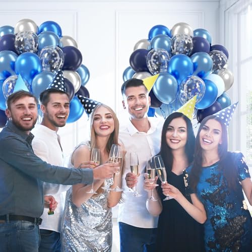 60pcs Blue and Silver Balloons 12inch with Navy Blue Confetti Balloons - color: Metallic Blue Silver