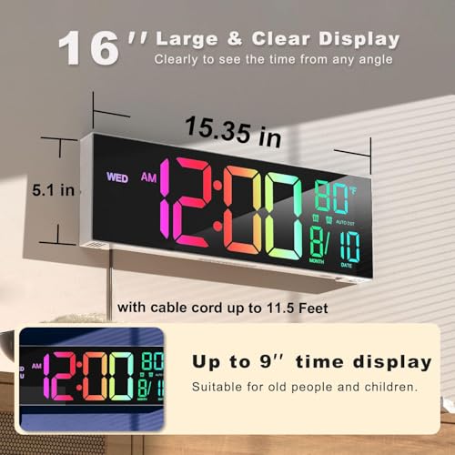 JALL 16" Large Digital Wall Mount Clock, Count Down Timer, Alarm, Big LED, 8 RGB Color, DST, Temperature for Living Room Classroom Desk, Xmas, Birthday Gift for Senior Mom Dad (White Shell, 16 inches) - color: A White Shell, size: 16 inches