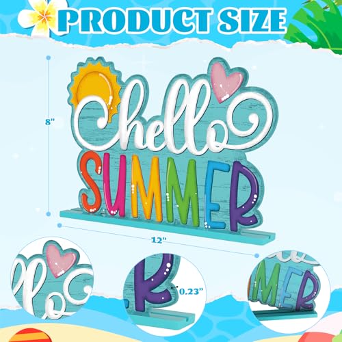 Wooden Summer Table Decorations for Home, Rustic Hello Summer Sign Decoration, Beach Theme Table Centerpiece Standing Decor for Office Farmhouse Tiered Tray Mantel Shelf Tabletop Fireplace Desk - color: Teal