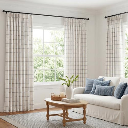 THREE GIRLS Pinch Pleated Plaid Curtains Blackout Linen Gingham Blue Curtains for Living Room,Bedroom Checkered 90 Inches Long Double Layer 2 Panels Set Luxury and Modern Printed Design Darkening - color: Blue, size: 40"W x 90"L (Pack of 2)