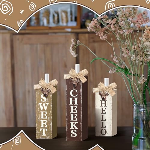 MiniInflat Highland Cow 3 Pcs Table Decor, Wooden Block Sign Tiered Tray - style: Highland Cow