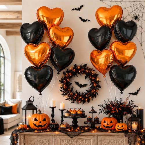 Black Orange Heart Balloons,12Pcs 18Inch Heart Shaped Balloons - color: Black Orange