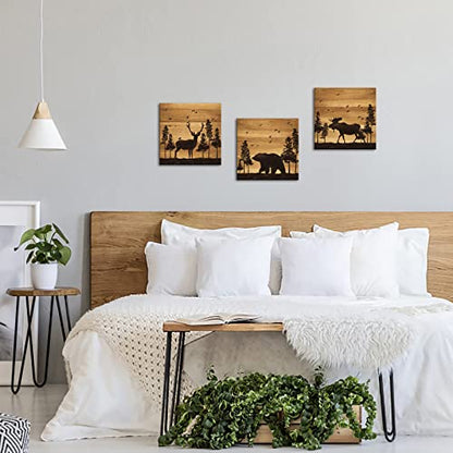 Apicoture Bear Elk Moose Wall Pictures Forest Landscape Hunting Theme Woodland Animal Painting Framed Canvas Artwork Farmhouse Wall Decor 12"x12"x3 Panels
